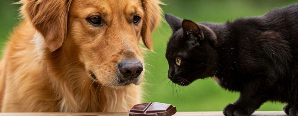 Dog and cat near spilled chocolate, highlighting chocolate toxicity in pets.