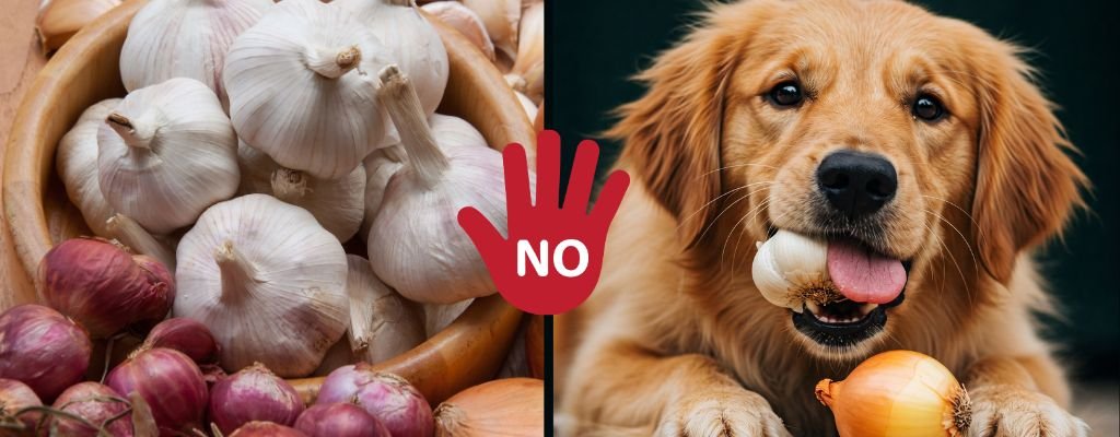 A dog sniffing garlic and onions with a warning sign indicating toxic foods for pets