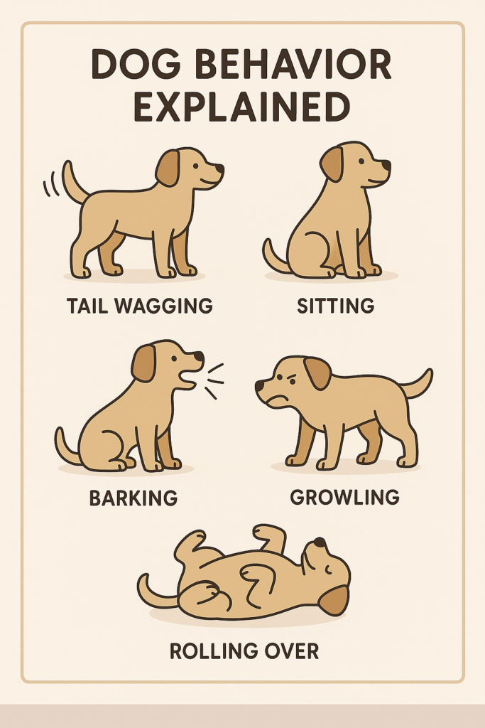 Infographic showing common dog behaviors with labels like barking, wagging, and sitting for dog training beginners.