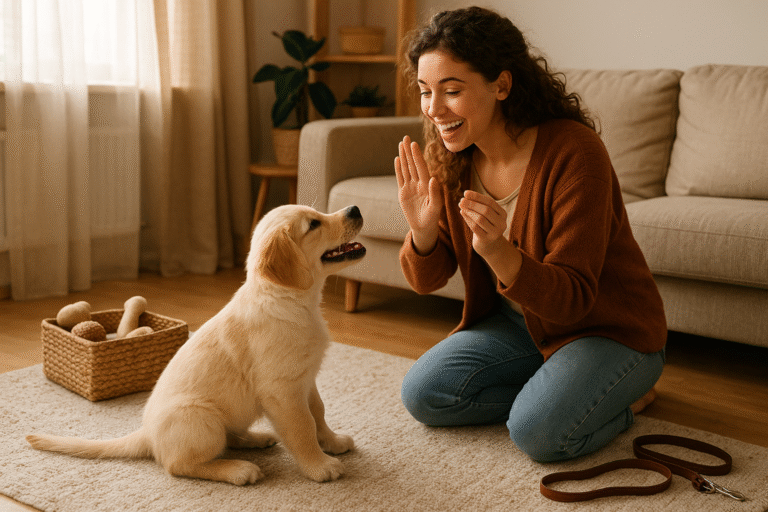 Woman training a golden retriever puppy using treats at home, representing beginner dog training basics.