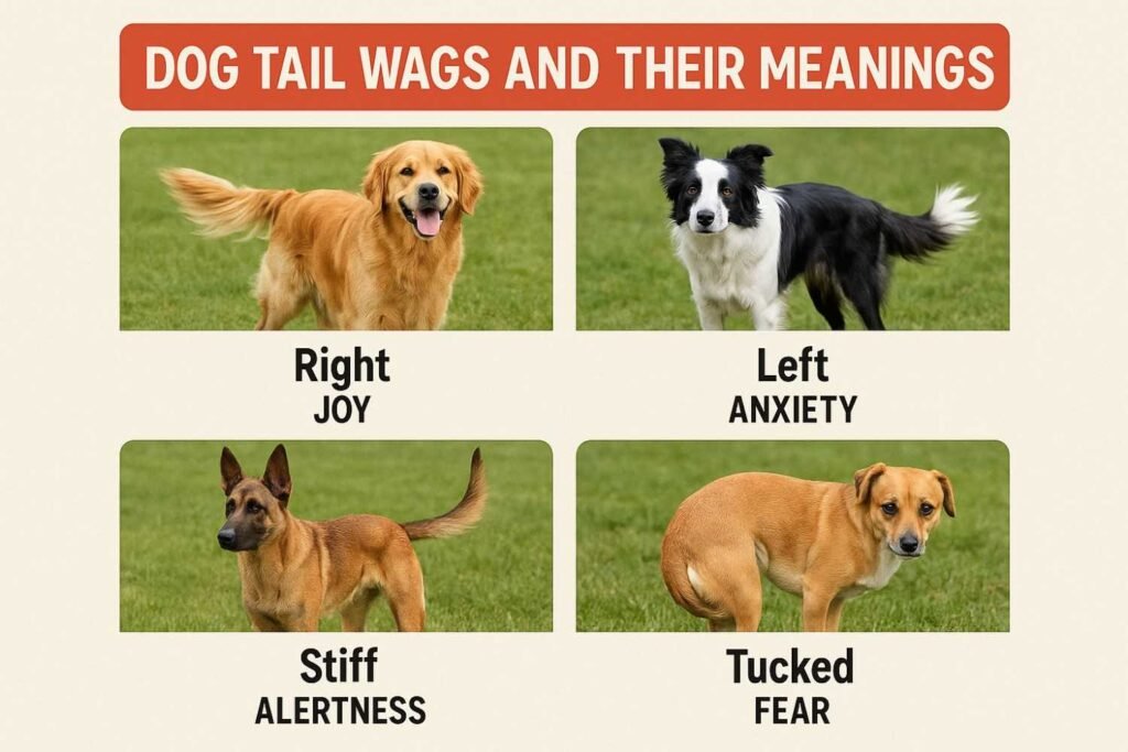 dog tail wags: right for joy, left for anxiety, stiff for alertness, tucked for fear.